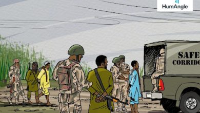 Soldiers escort people towards a truck labeled "Safety Corridor" in a grassy, rural area. The scene is illustrated with muted colors.