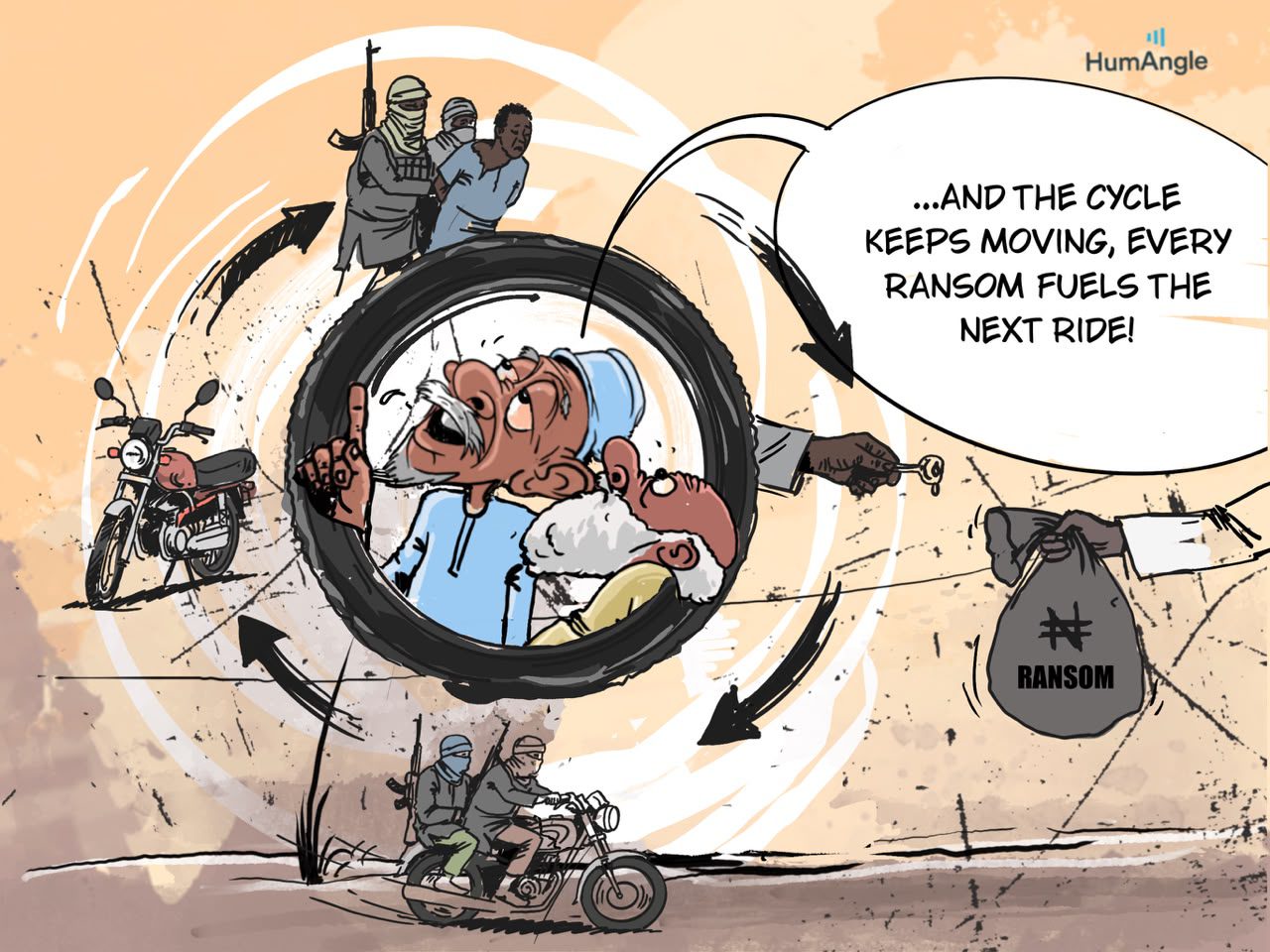 Comic showing a cycle of banditry: Kidnappers, ransom exchange, and a motorcycle symbolize the cycle of crime fueled by ransom money.
