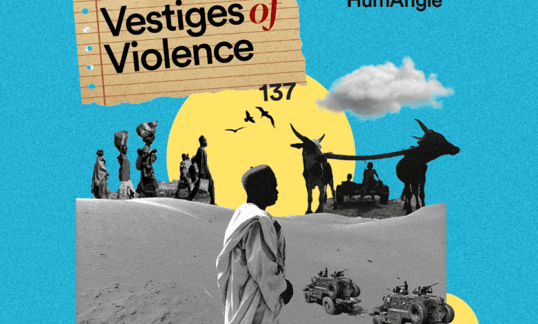 Collage of people, cows, and vehicles on a desert background with "Vestiges of Violence" text. Sun, cloud, and birds in the sky.