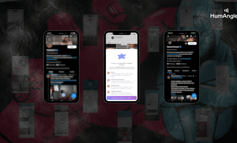 Three smartphones display different social media profiles and apps against a dark, smoky background with various images.
