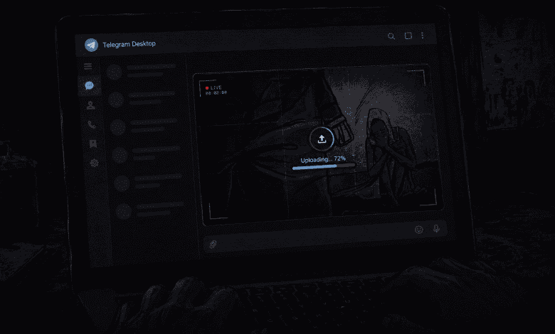 A laptop screen with Telegram open shows a live video being uploaded, featuring a distressed individual. Upload progress is at 72%.