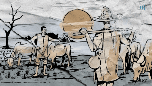 Drawing of two herders with cattle at sunset, one carrying a staff and gourd, set against a rural landscape with a tree and sun.