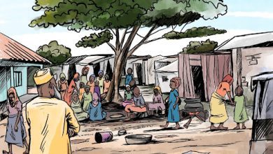 A bustling village scene with people gathered under a large tree, surrounded by houses and everyday items, depicted in colorful illustration.