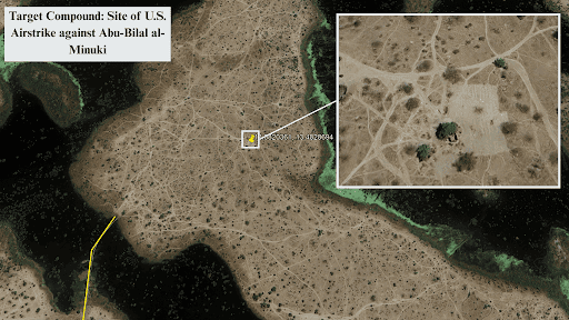 Satellite image showing target compound for U.S. airstrike, marked with coordinates and inset view of the site.